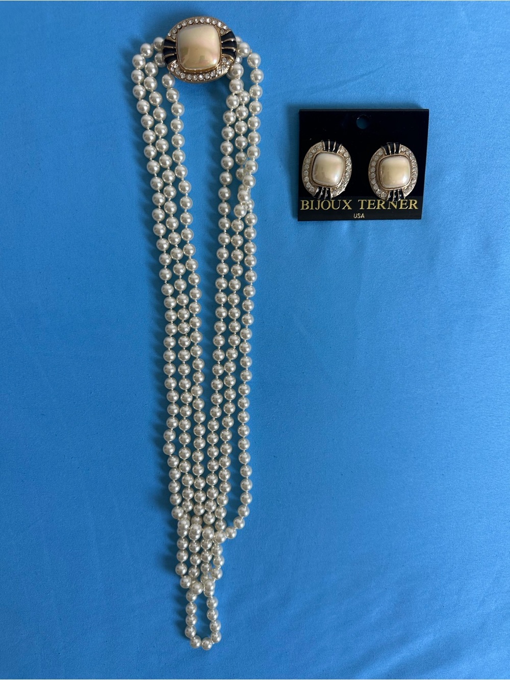 Vintage Bijoux Terner Jewelry Set: 3-Strand Pearl Necklace and Clip-On Earrings